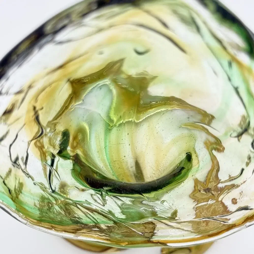 Murano-Style Hand-Blown Green Amber Swirl Art Glass Coiled Base Lilly Vase VTG